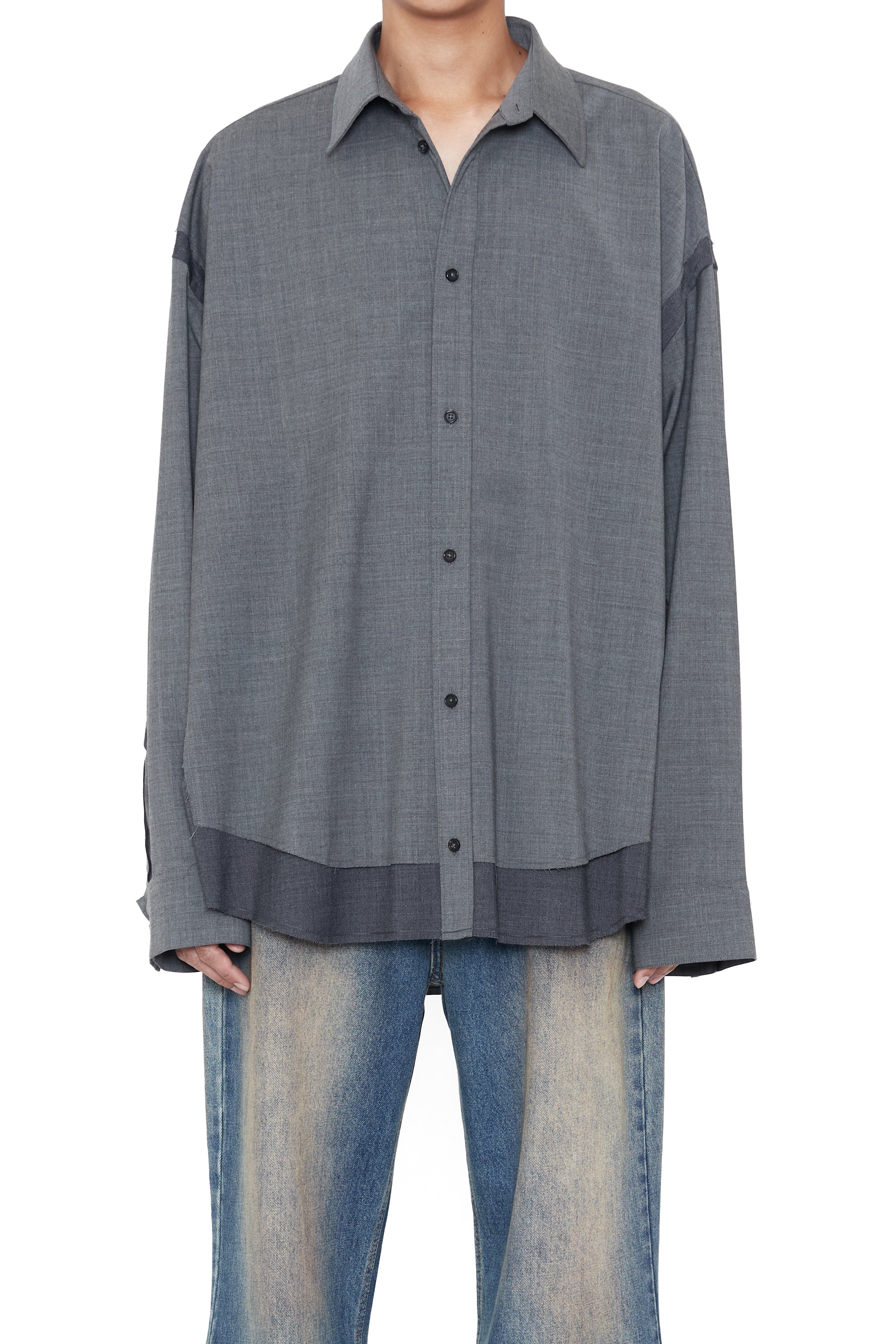 CODA 26SS GREY WOOL POLY RAW EDGES HYBRID SHIRT