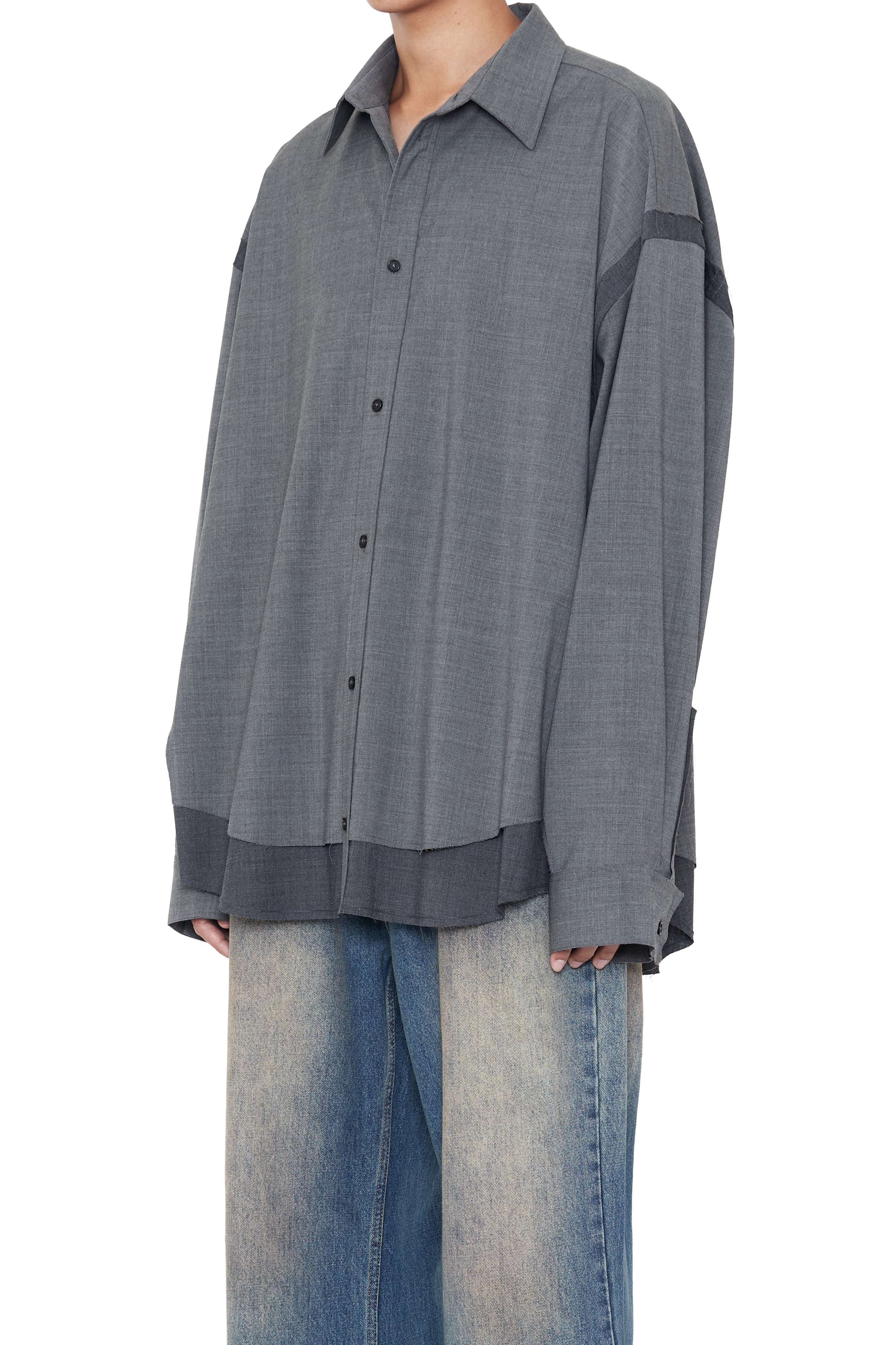 CODA 26SS GREY WOOL POLY RAW EDGES HYBRID SHIRT