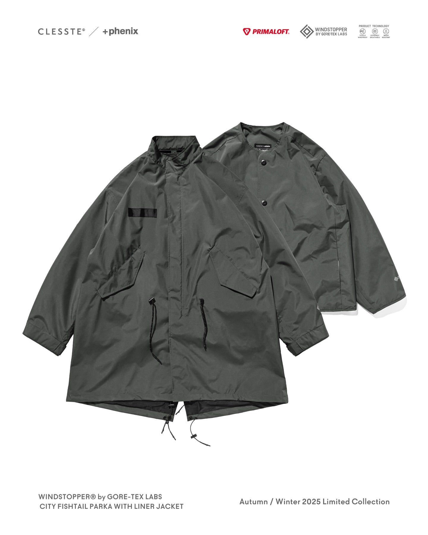 CLESSTE +phenix WINDSTOPPER® by GORE-TEX LABS CITY FISHTAIL PARKA WITH LINER JACKET