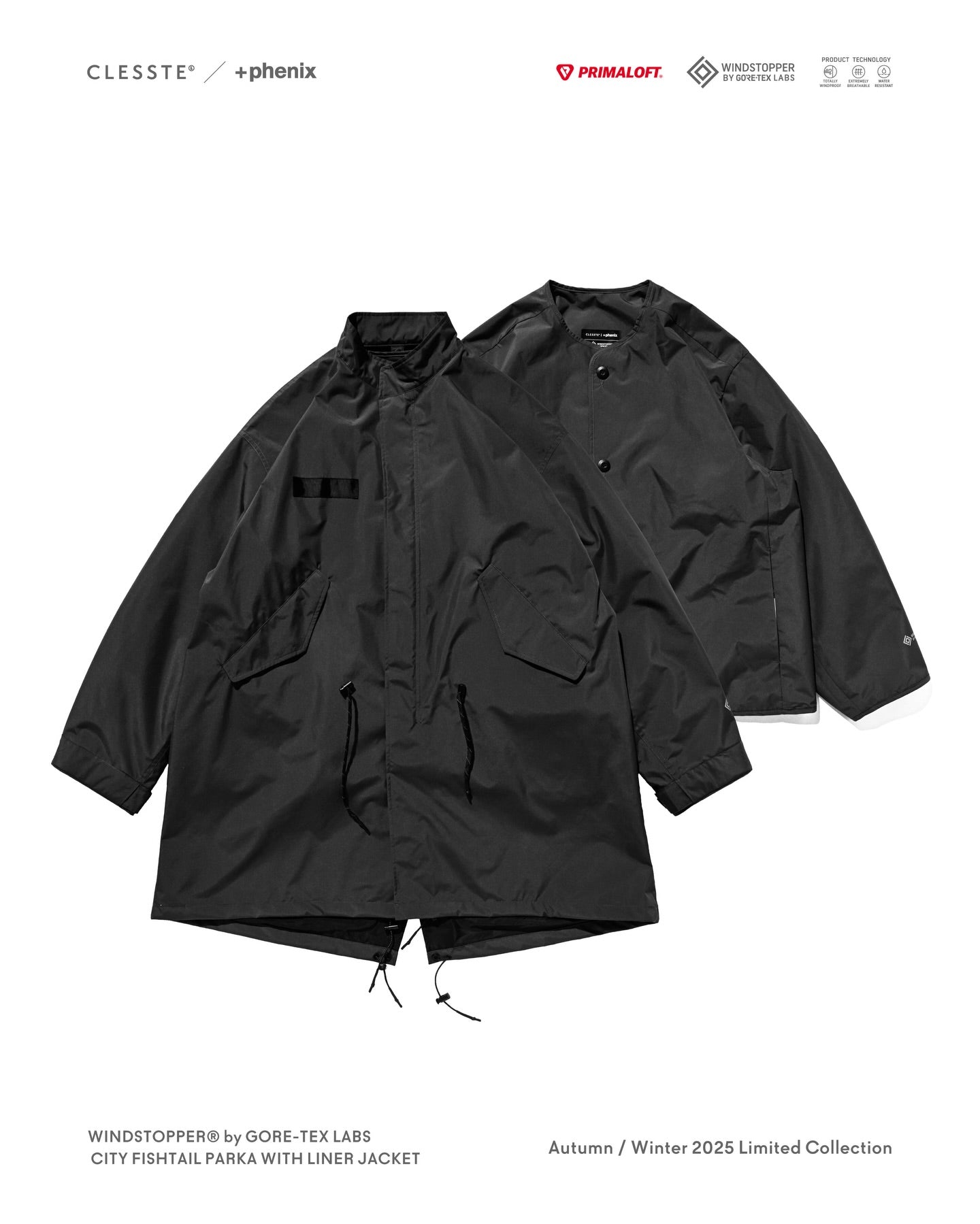 CLESSTE +phenix WINDSTOPPER® by GORE-TEX LABS CITY FISHTAIL PARKA WITH LINER JACKET